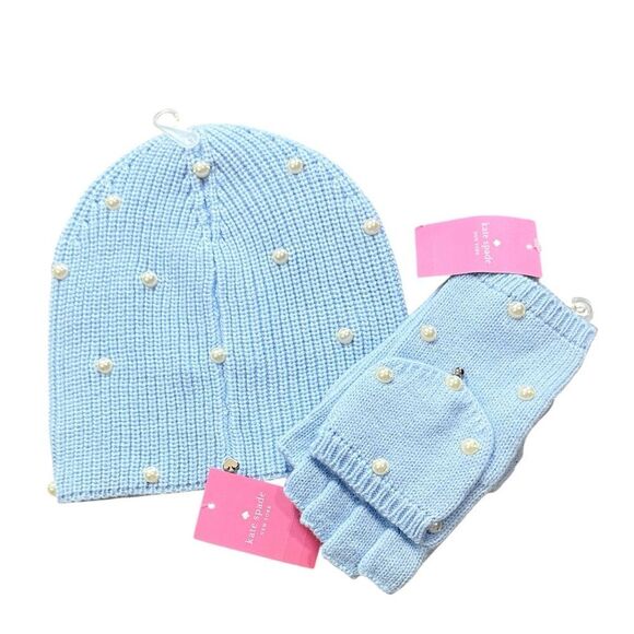 NWT Kate Spade Blue Pearl Knit Beanie & Mitten/ Fingerless Gloves Set - Picture 1 of 5